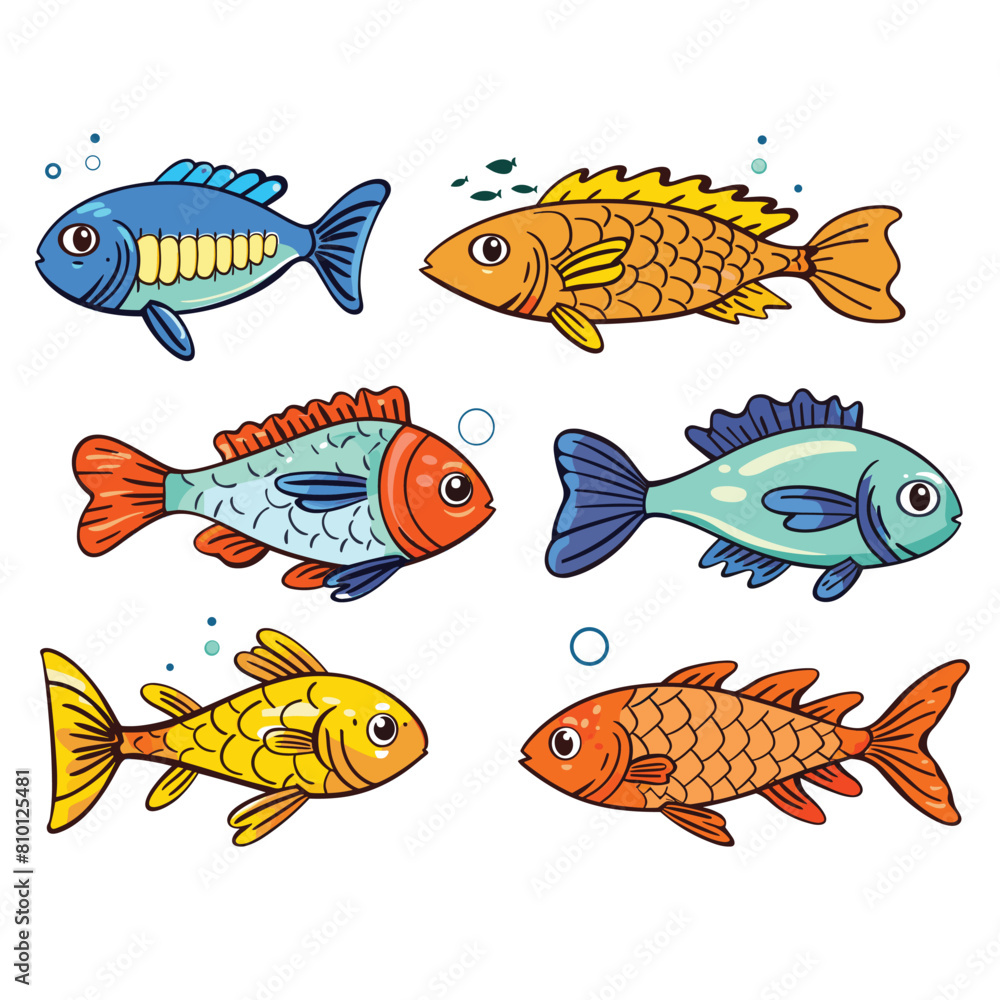 Six colorful cartoon fish swimming, aquatic life illustration, vibrant marine animals. Playful fish characters, cartoon illustration, underwater scene, bubbles, blue, orange, yellow. Collection