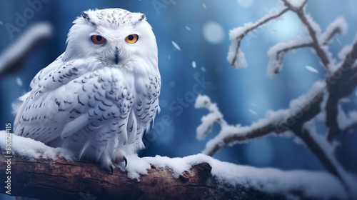 A stunning snowy owl perches on a snow-covered branch against a backdrop of a frosty forest, its intense gaze surveying the surroundings © r3mmm