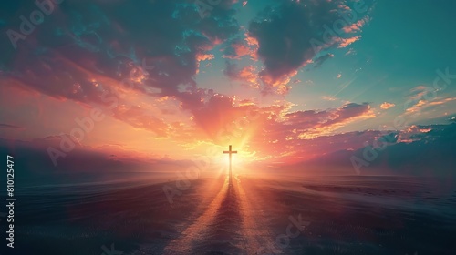 Inspirational double exposure of a cross and a radiant sunrise symbolizing the victory of light over darkness