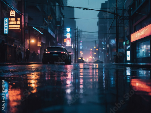 Urban Futurism, Cyberpunk Streets Illustration Set in Rainy, Foggy Dystopian Night