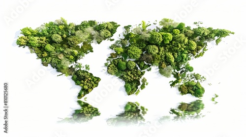 World map covered in trees and water  isolated on a white background. Concept for Earth Day and Environment Day.