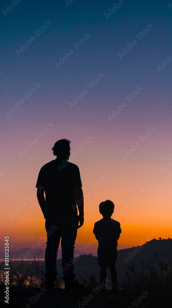 Father and son silhouette at sunset, scenic view Father and son silhouette at sunset, scenic view