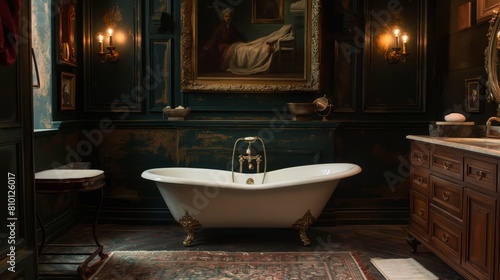 A dark and ornate gothic bathroom with a claw foot tub. Luxurious ambiance