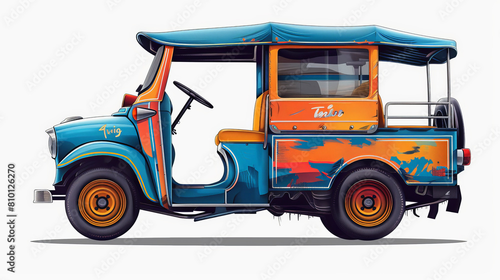 An illustration of a colorful tuk-tuk, a motorized three-wheeled vehicle commonly used as a taxi in various countries around the world.