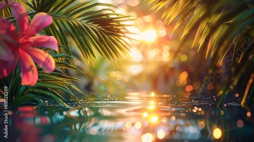a unfocused realistic photo tropical summer seaside background with a bright and gold leafy background with shadows of pink, green, YELLOW style