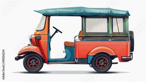 Illustration of a colorful auto rickshaw, also known as a tuk-tuk, commonly used for public transportation in many countries across South Asia and beyond. © Na-No Photos