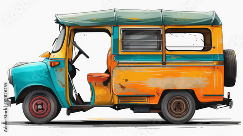 Illustration of a colorful, vintage three-wheeled auto-rickshaw, commonly used as an economical means of transportation in many parts of the world. photo