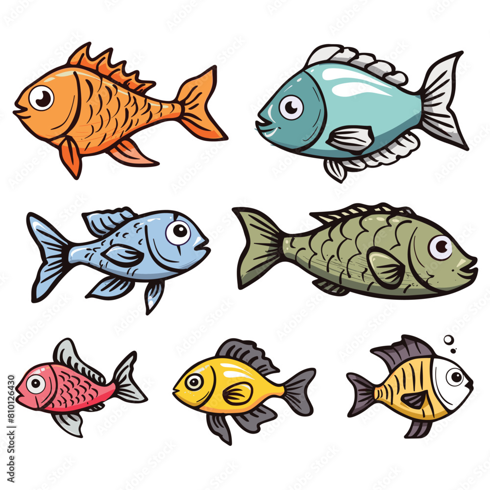 Naklejka premium Colorful cartoon fish collection, various species colors. Set six different cute fish characters, cartoon style, underwater creatures. Brightly illustrated aquatic animals, isolated white background