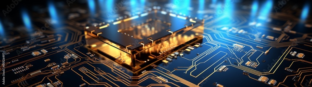 Futuristic circuit board with glowing processor Futuristic circuit board with glowing processor