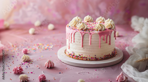 A beautifully decorated cake with pink drip icing  topped with swirls of frosting and sprinkles  surrounded by scattered candy and meringues on a soft background.