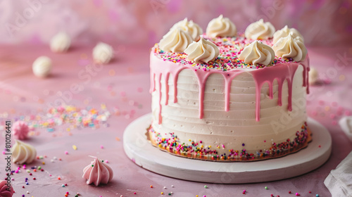 A beautifully decorated pink drip cake with white frosting swirls  sprinkles  and small meringues  displayed on a white cake stand against a pink background.