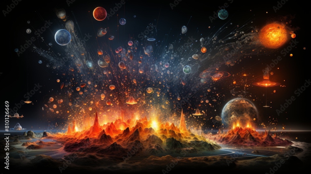 Fiery alien landscape with glowing planets and cosmic debris