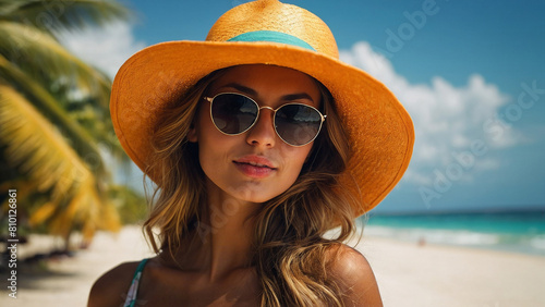 Funny traveler making selfie against marvelous beach water ocean view, AI generated © White_Us