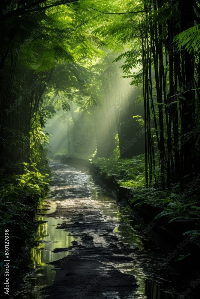Lush green tropical rainforest path with flowing stream Lush green tropical rainforest path with flowing stream