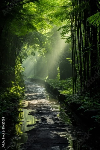 Lush green tropical rainforest path with flowing stream