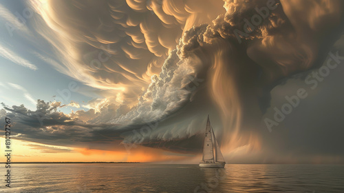 A sailboat on calm waters observes an imposing, dramatic cloudscape with mammatus clouds and a potential storm front at sunset, creating a stunning, surreal scene. photo