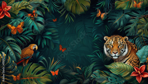 Tropical jungle scene with a jaguar, parrot, and butterflies among lush green foliage and red flowers, evoking a vibrant and exotic wildlife habitat.