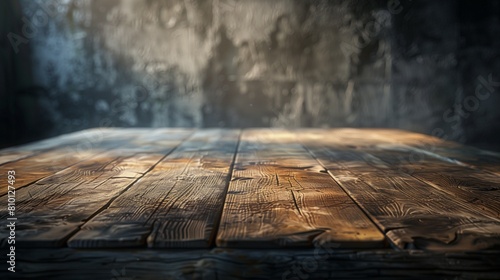 The scene is set with a beautifully aged wooden table, its surface a map of life's encounters, illuminated by a strategically placed, diffused light source that casts a soft glow over its details. photo