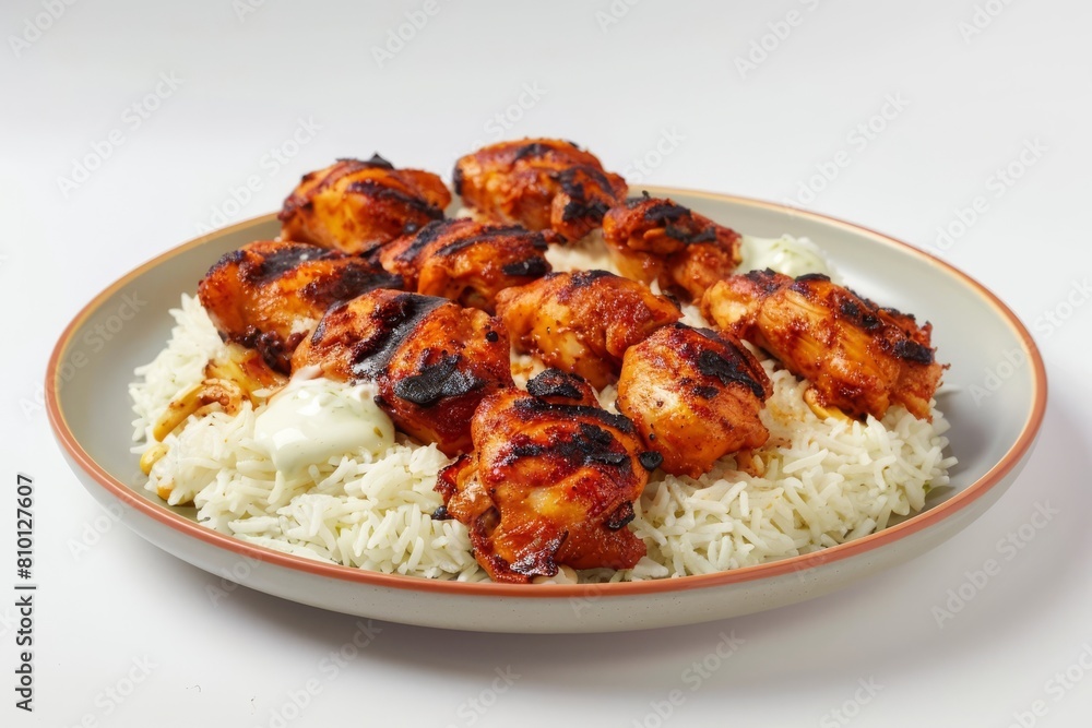 Creamy Yogurt Sauce on Succulent Flame-Grilled Afghani Chicken with Aromatic Rice Creamy Yogurt Sauce on Succulent Flame-Grilled Afghani Chicken with Aromatic Rice