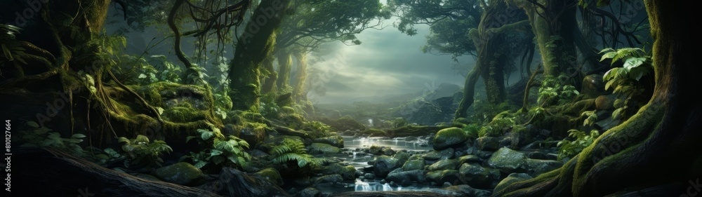 Enchanted forest landscape with flowing stream