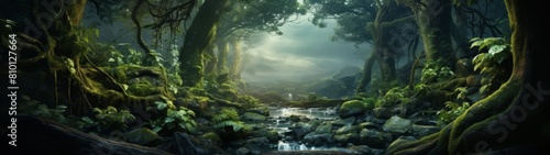 Enchanted forest landscape with flowing stream