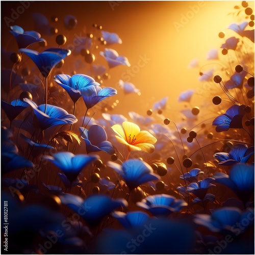 A yellow flower in a field of blue flowers