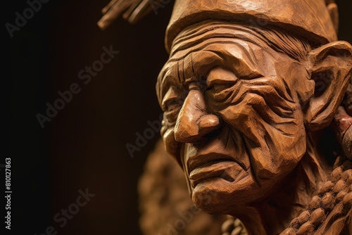 Detailed wooden carving of a weathered face