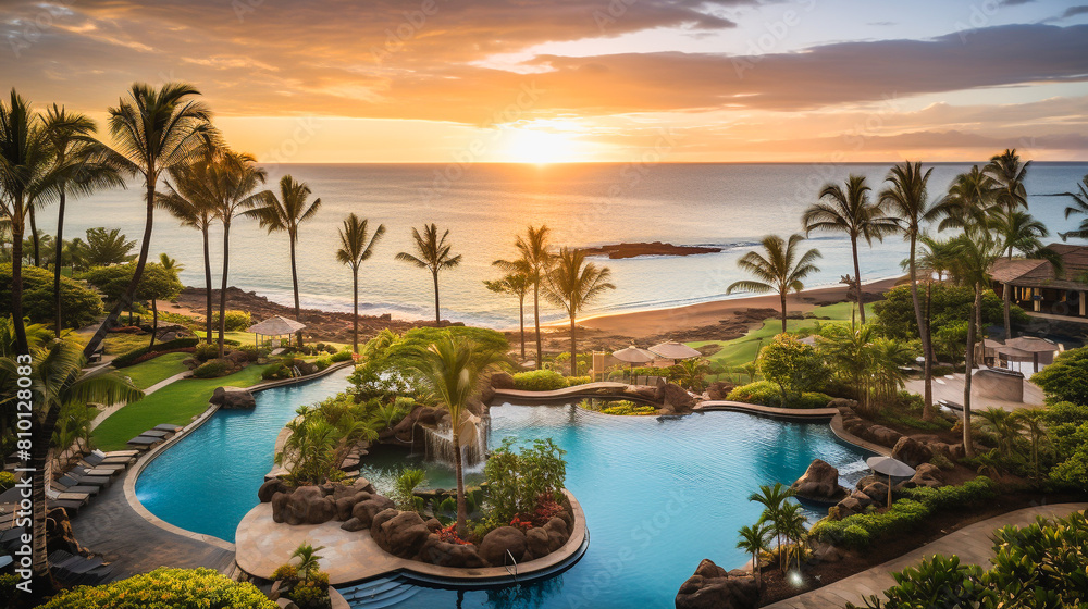 Fototapeta premium Sunset casts a tranquil glow over a Hawaiian resort, with its infinity pool blending into the sea.