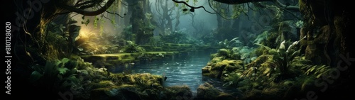 enchanted forest landscape with glowing pond