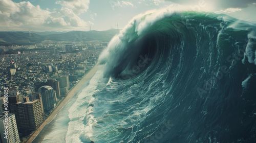 A colossal tsunami wave looms over a densely populated city, with the skyline in the background, suggesting an imminent natural disaster in an urban setting. photo