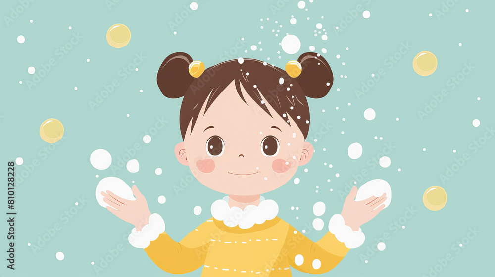 An illustrated image of a joyful cartoon girl with two buns in her hair, wearing a yellow sweater, playing with snowballs under falling snow. An illustrated image of a joyful cartoon girl with two buns in her hair, wearing a yellow sweater, playing with snowballs under falling snow.