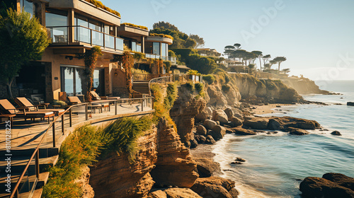 Oceanfront patios and loungers perched on a cliff with a serene sea view.