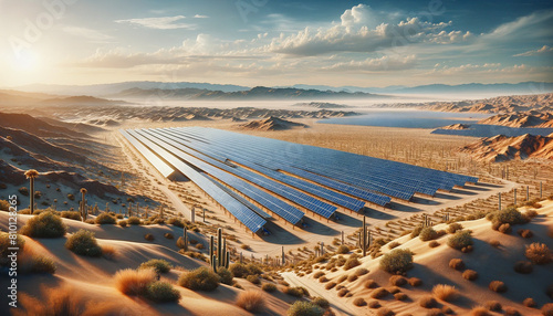 Solar power station in the desert with the sun setting over distant mountains...