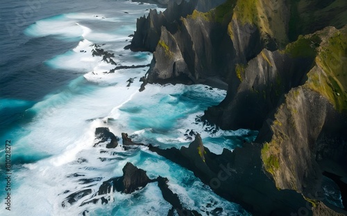A stunning aerial photography captures the dramatic beauty of jagged cliffs towering above the azure sea.