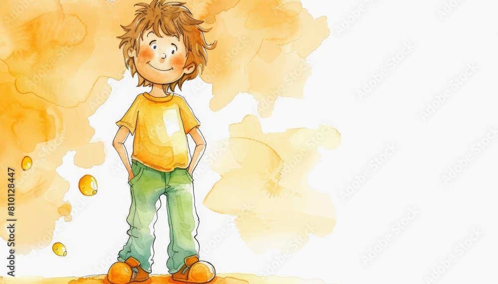 Illustration of a young cartoon character with messy hair, wearing a yellow shirt, green pants, orange shoes, standing hands on hips with a confident smile.