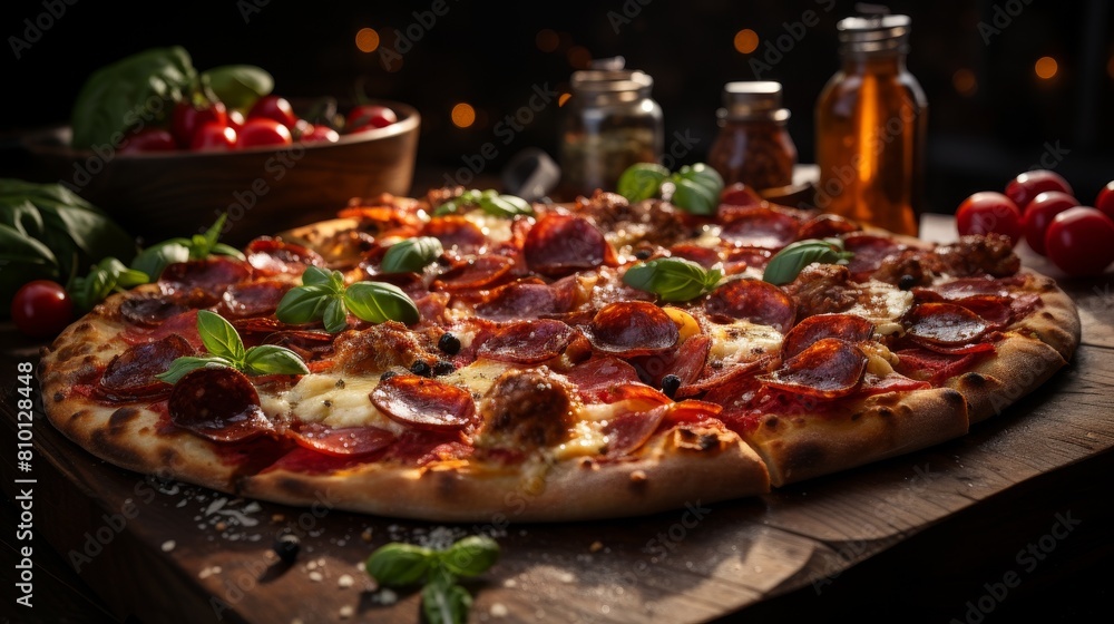 Delicious pepperoni pizza with fresh basil leaves Delicious pepperoni pizza with fresh basil leaves