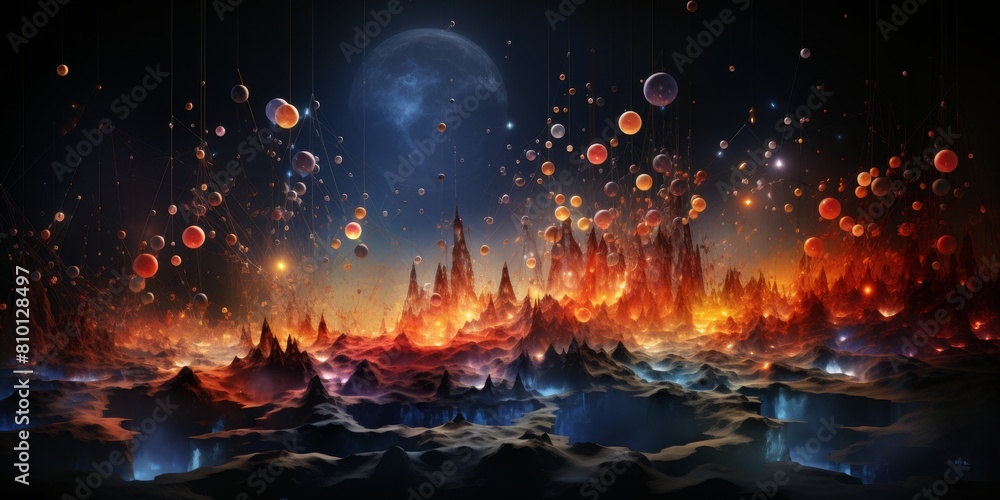 Surreal alien landscape with glowing mountains and floating orbs Stock ...