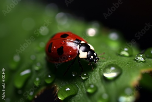 Closeup of a vibrant red ladybug on a green leaf