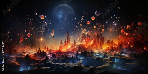 Surreal alien landscape with glowing mountains and floating orbs