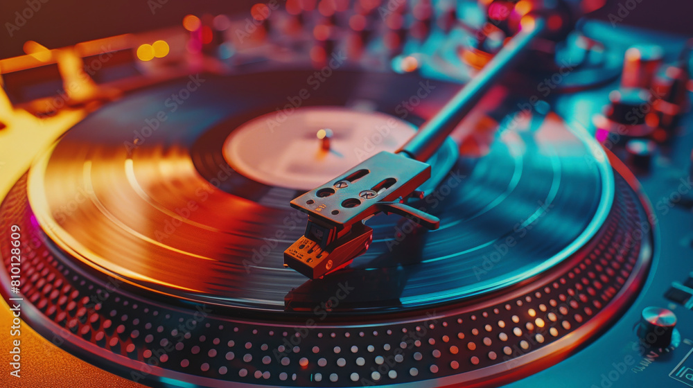 Close-up of a turntable with a spinning vinyl record, stylus on the groove, against a blurred background, emphasizing the retro music playback technology. Close-up of a turntable with a spinning vinyl record, stylus on the groove, against a blurred background, emphasizing the retro music playback technology.