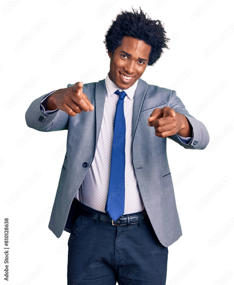 Handsome african american man with afro hair wearing business jacket pointing to you and the camera with fingers, smiling positive and cheerful Handsome african american man with afro hair wearing business jacket pointing to you and the camera with fingers, smiling positive and cheerful