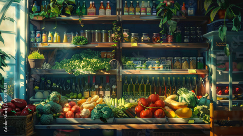 Fresh vegetables and oils in old fashioned local produce shop. Shelves filled with fresh farmed vegetables.