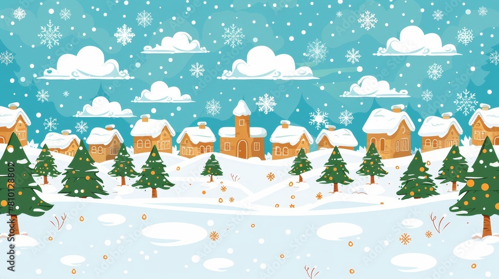 Snowy landscape with houses and trees in foreground, blue sky with white clouds in background Snowy landscape with houses and trees in foreground, blue sky with white clouds in background