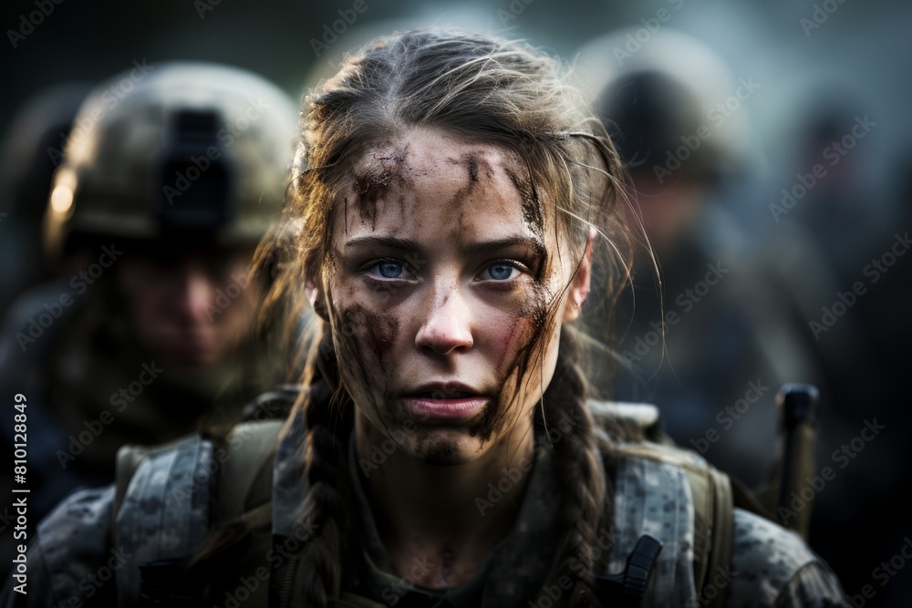 Gritty portrait of a battle-worn female soldier