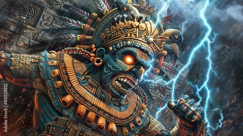 Tlaloc the God of Rain showing himself powerful and launching lightning, Pre-Columbian art