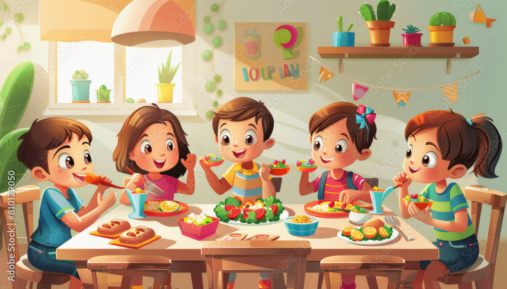 A colorful illustration of four animated children happily eating healthy snacks at a well-decorated table with plants and cheerful decor in a cozy room. A colorful illustration of four animated children happily eating healthy snacks at a well-decorated table with plants and cheerful decor in a cozy room.