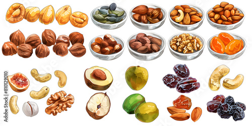 Set of nuts cartoon colorful nuts kernels organic food healthy snack food for vegetarian vegan diet isolated on white background.