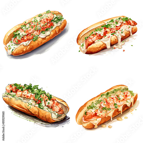 Delicious lobster roll with buttered toasted bread, fresh lobster meat, creamy dressing, and herbs. A gourmet seafood sandwich perfect for food photography, menus, and culinary enthusiasts.