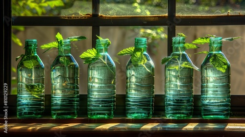   A row of green bottles lines a window sill  one hosting a growing plant