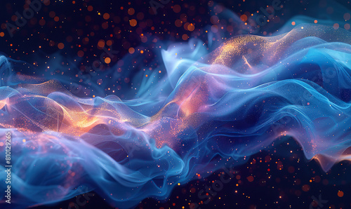 Illustrate a serene yet complex smoke wave  with a pattern of glowing dots scattered throughout  Generate Ai